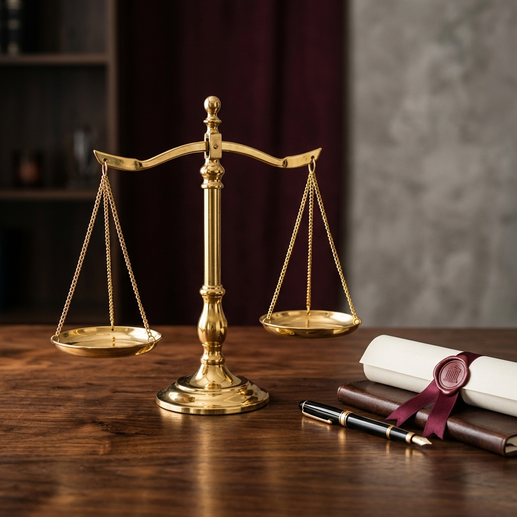 Balança da justiça dourada e caneta-tinteiro clássica em mesa de escritório de advocacia